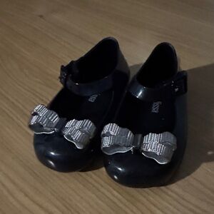 Kids Black Shoes with Silver Bow never worn